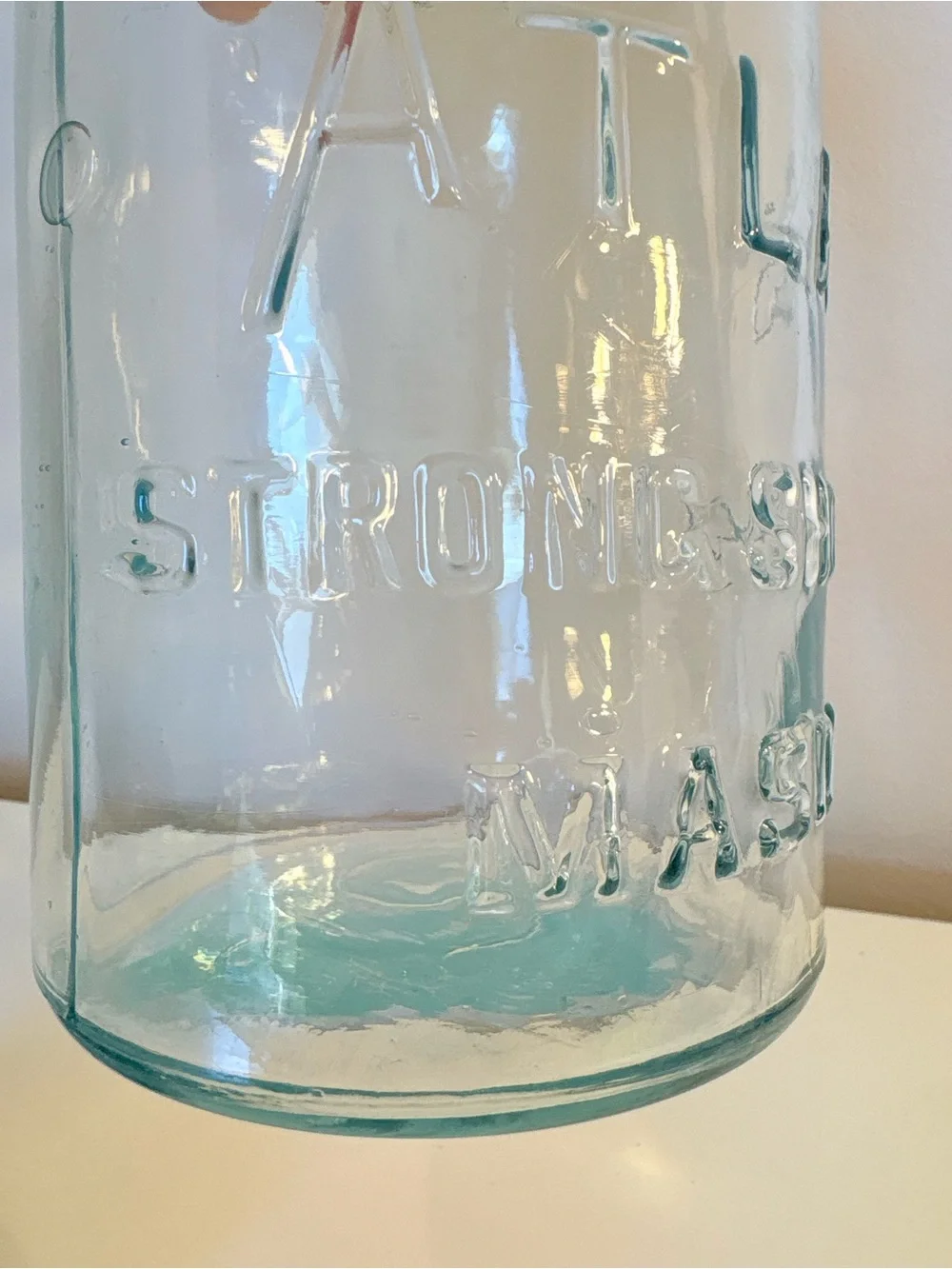 Atlas “strong shoulder” Embossed Blue Glass Mason Jar with Metal Lid